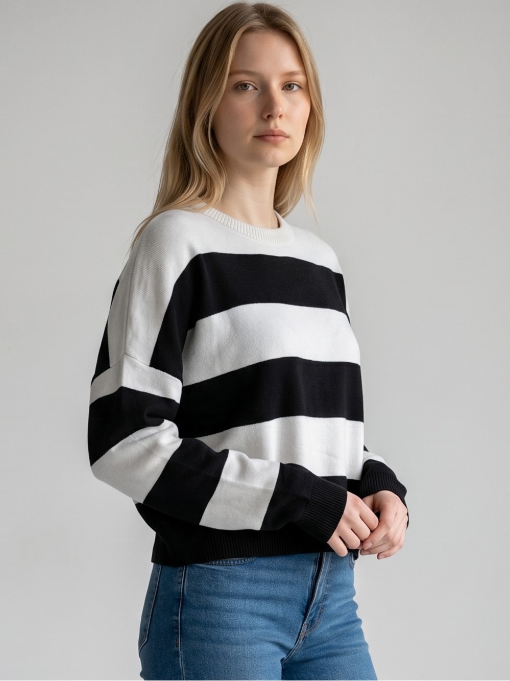 J. CREW Striped Black and White Knit Crew Neck Sweater